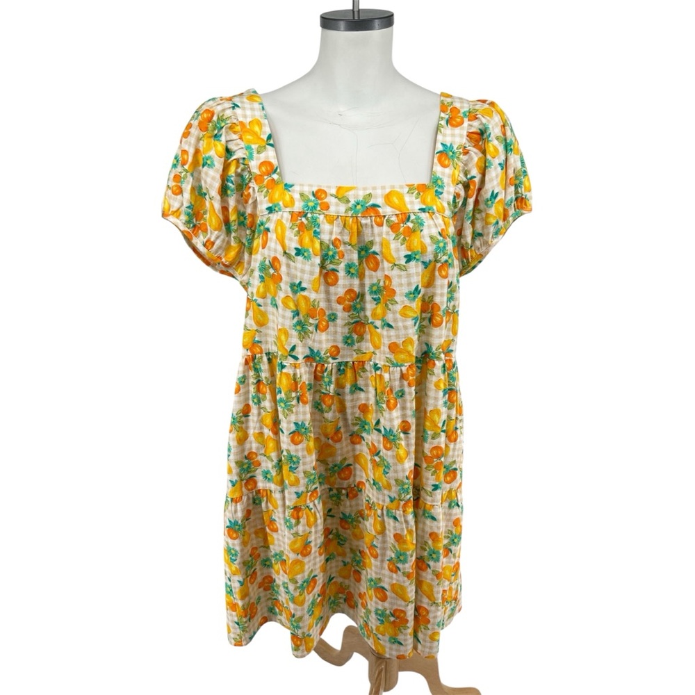 NWT Greylin Lora Square Neck Gingham and Fruit Print Cap Sleeve Dress Size Large - Picture 2 of 11